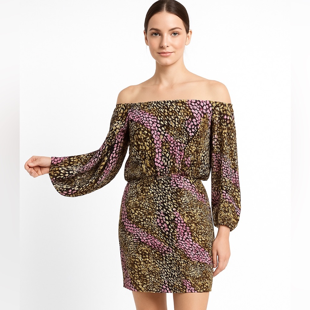 Haven Silk Boho Dress Small Off Shoulder Cold Shoulder Midi Multicolor Flowy
